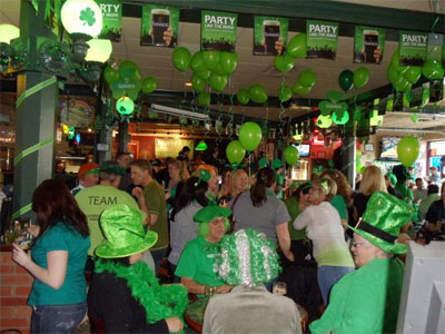 The inside of the pub decorated for St. Patrick's Day Celebrations